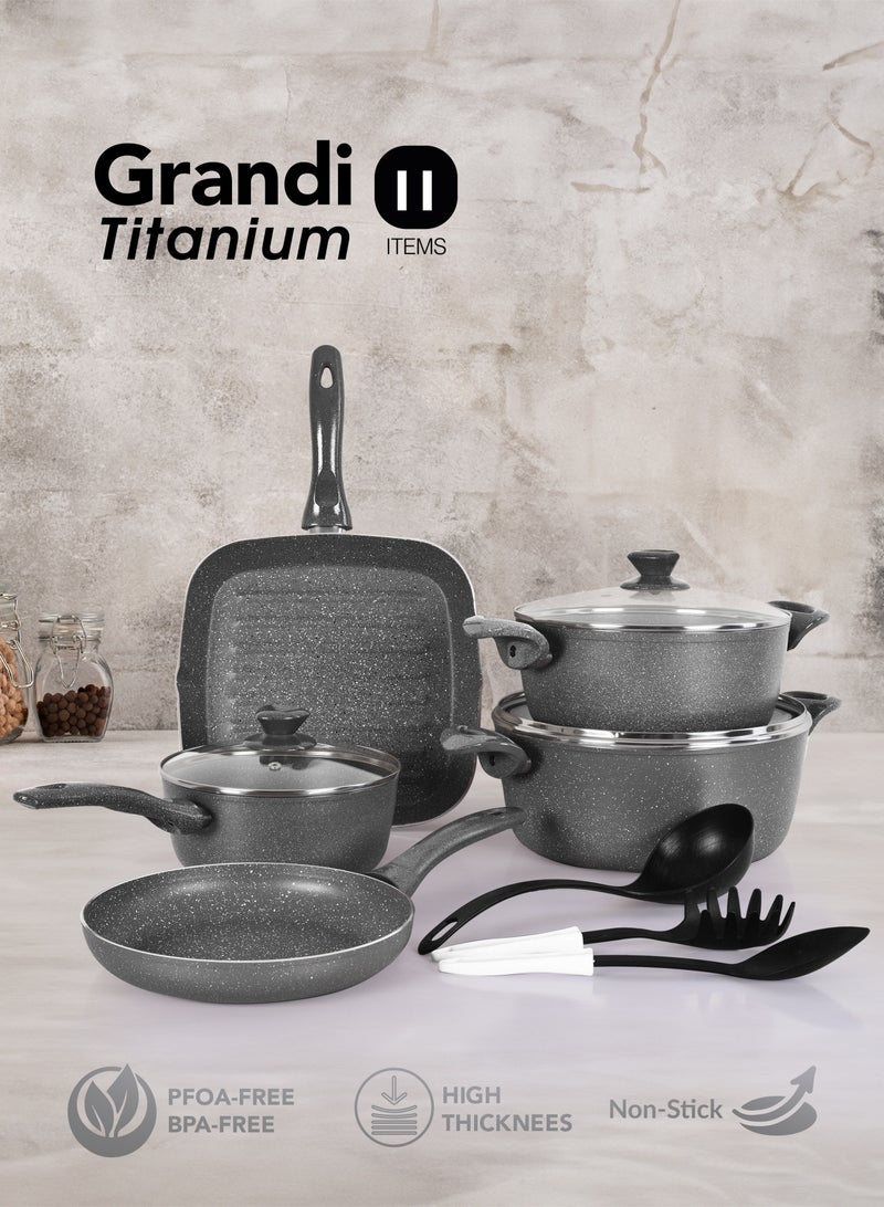 Grandi Granite Coated Pots And Pans Cookware Titanium  Set 11 PCS With Non-Stick Surfaces, Bakelite Handles, glass Lids , PFOA Free- Grey - Image 1